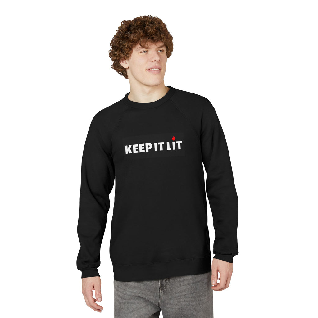 Keep It Lit Sweatshirt — Cozy Black Raglan Crewneck with Candle Graphic