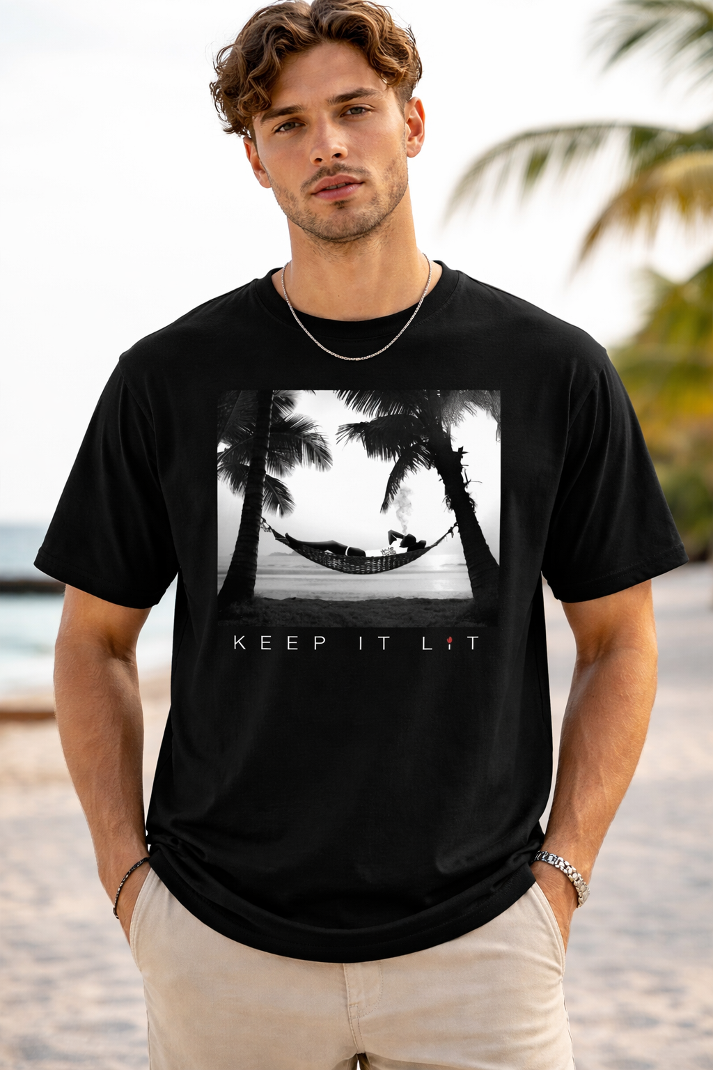 Keep It Lit Beach Tee — Hammock Palm Tree Graphic Longline Shirt