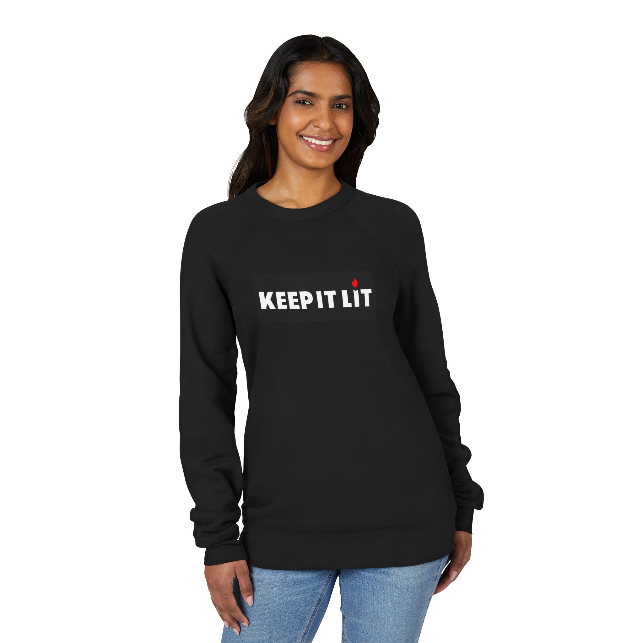Keep It Lit Sweatshirt — Cozy Black Raglan Crewneck with Candle Graphic